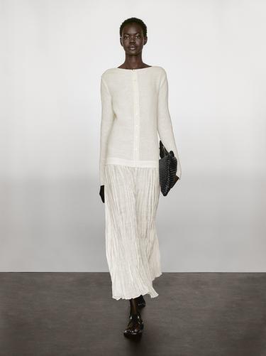 Vestido largo combinado plisado - Blanco de Zara