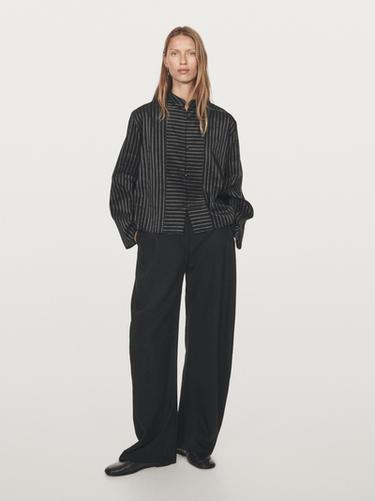 Zara Striped shirt with stand collar and bib detail - Black