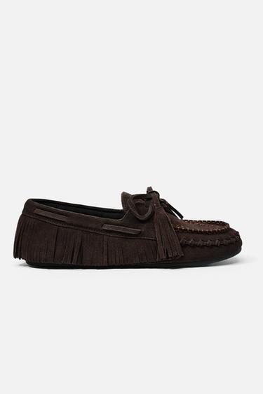 Zara SUEDE FRINGE LOAFERS - Brown