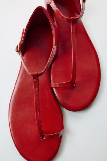 Zara STRAPPY LEATHER FLAT SANDALS - Red