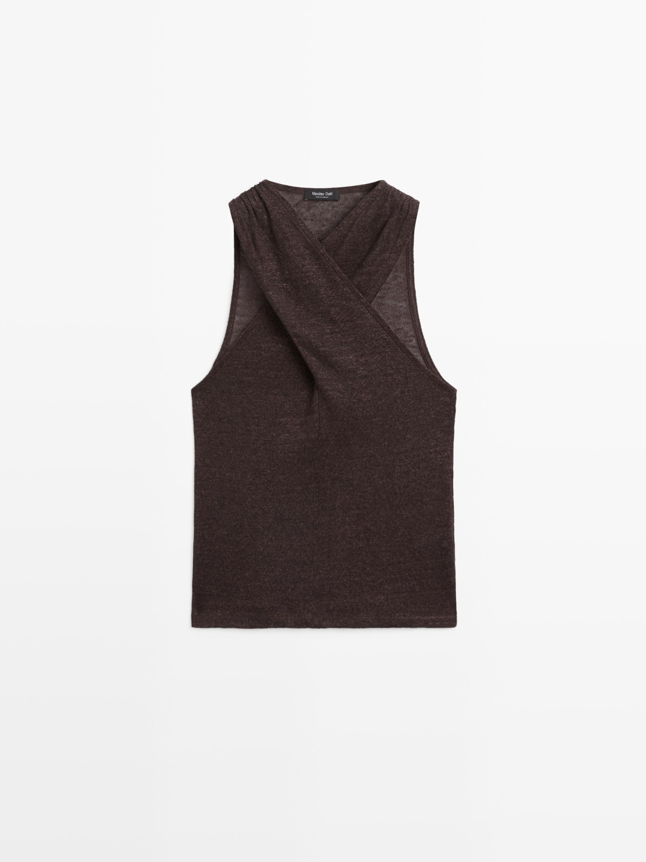 Linen blend top with surplice neckline