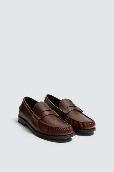 Zara LEATHER PENNY LOAFERS - Brown