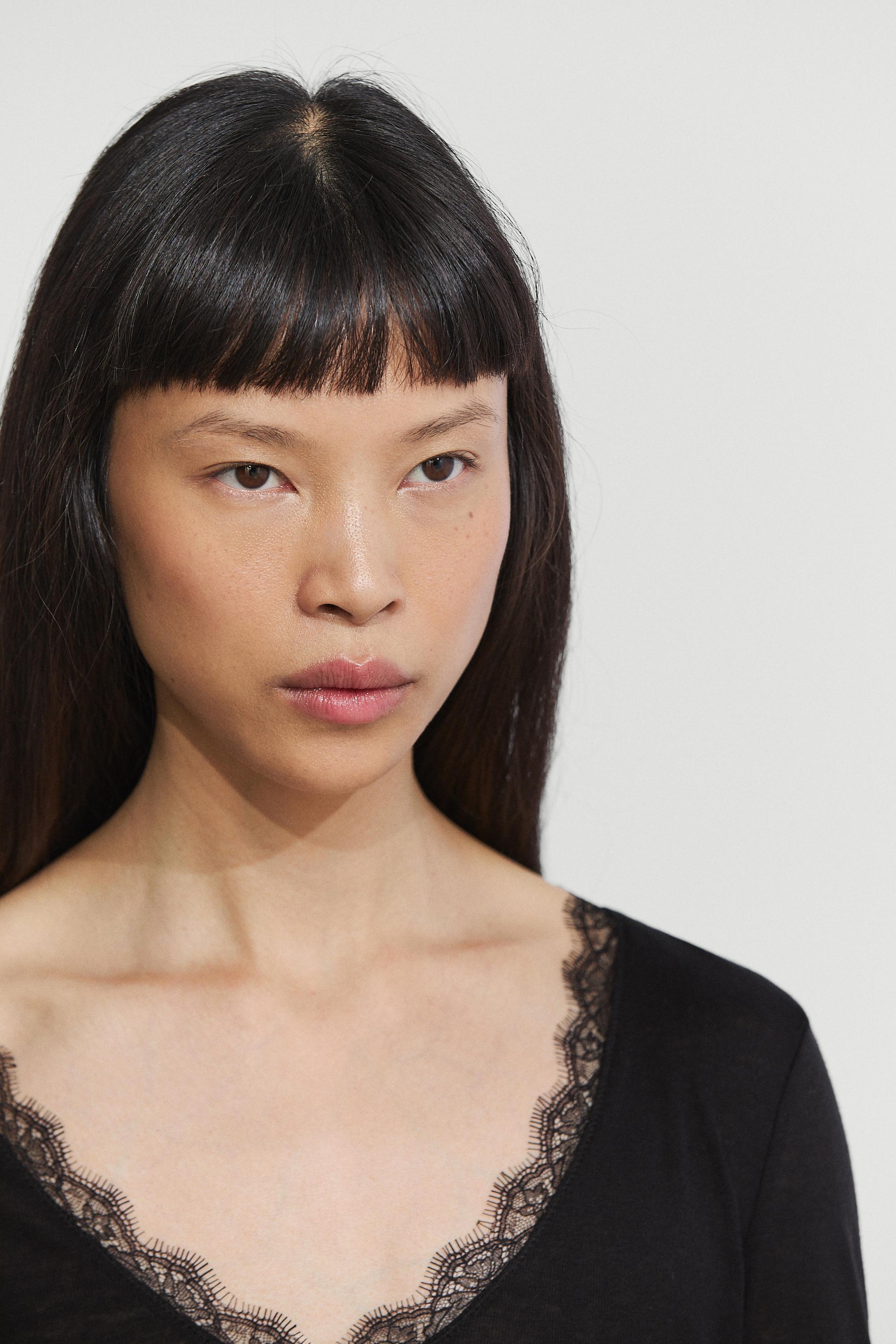 Long sleeve T-shirt with lingerie-inspired detail