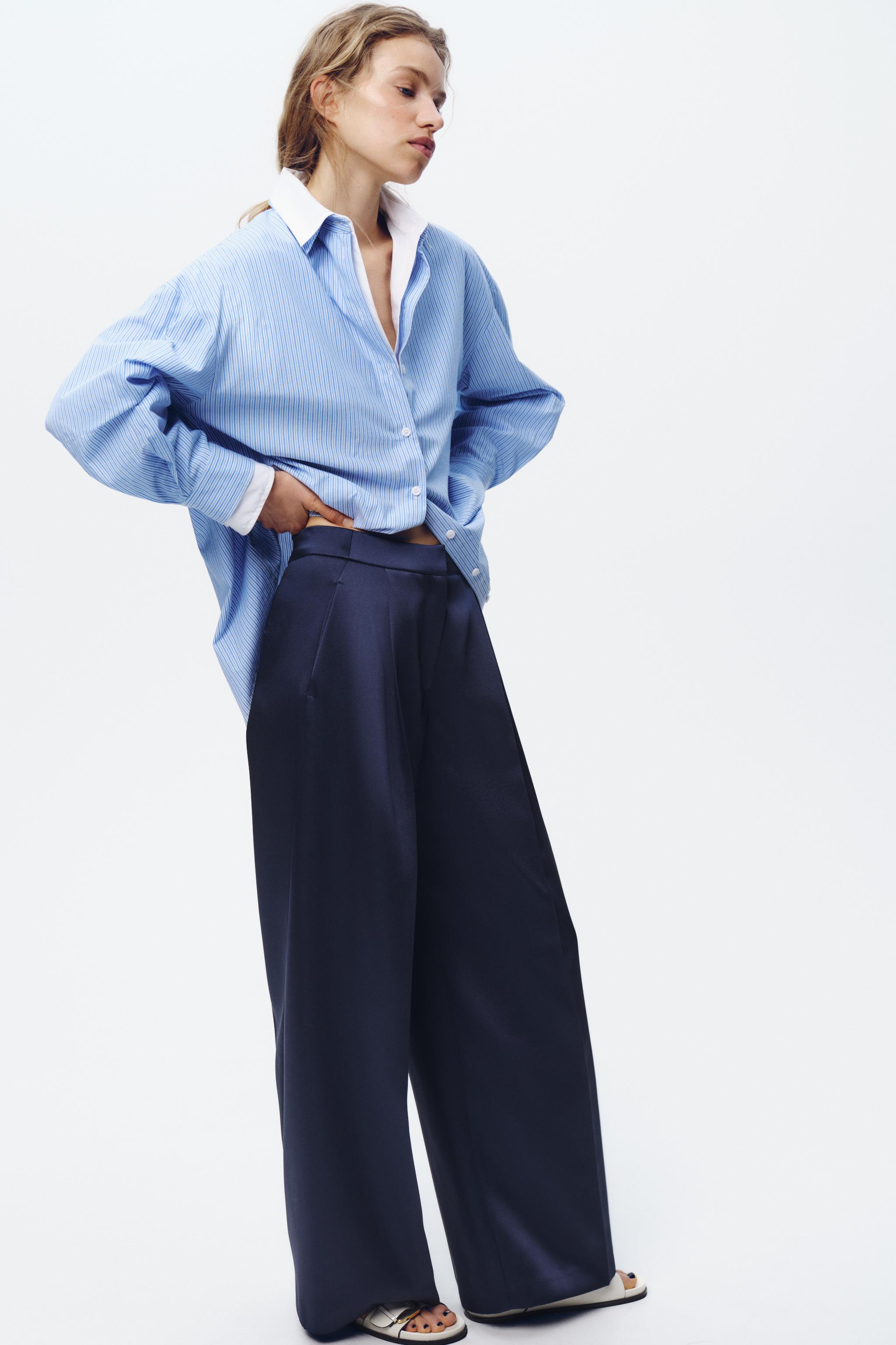 パンツ PLAIN SS25 Blue Tailored Pants in Satin Woman (35144331 99) Plain Blue Tailored Pants In Satin | ShopSimon