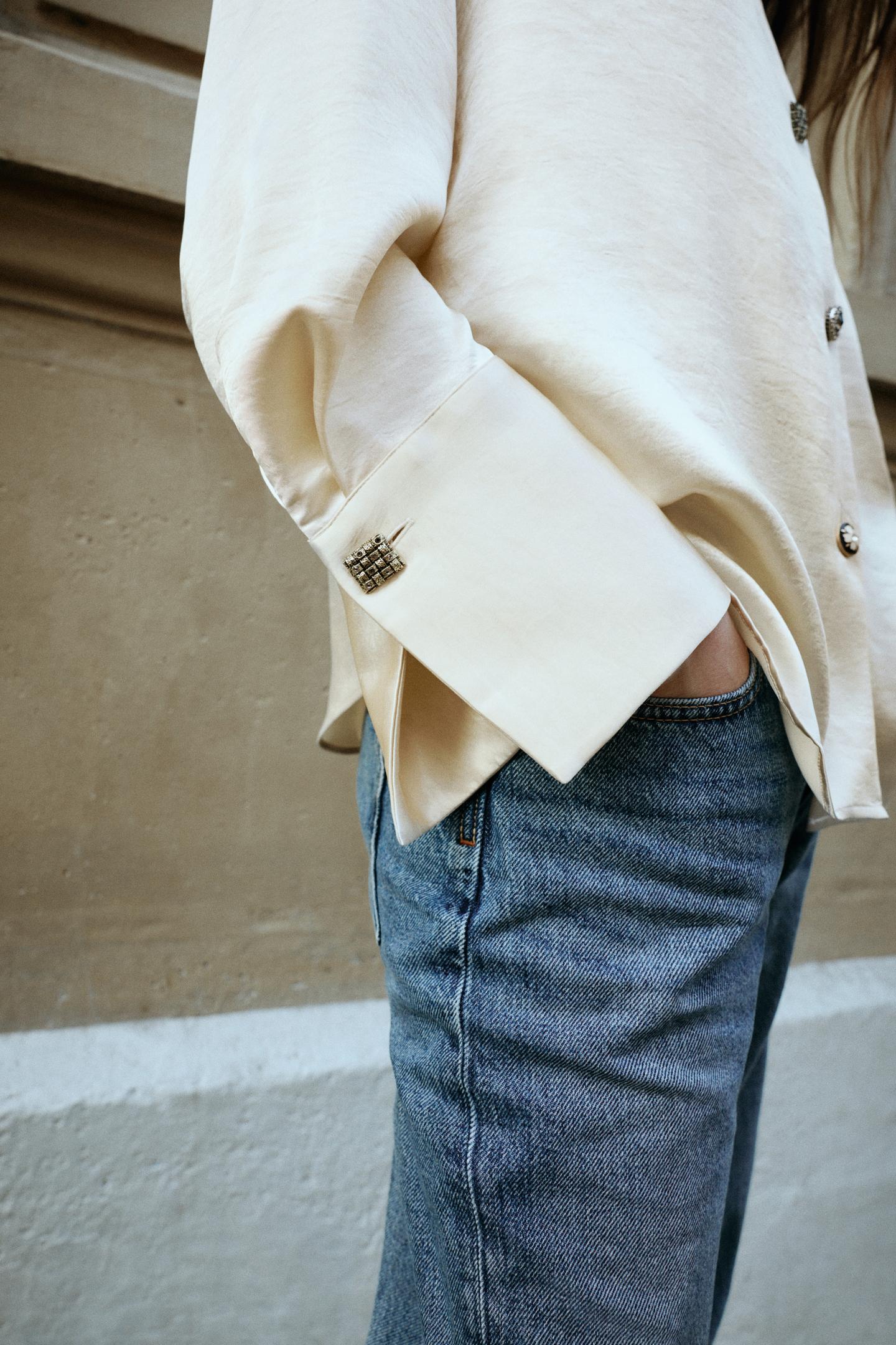 Женская рубашка Zara Satin Shirt with Jewel Buttons, цвет: Экрю — фото 4