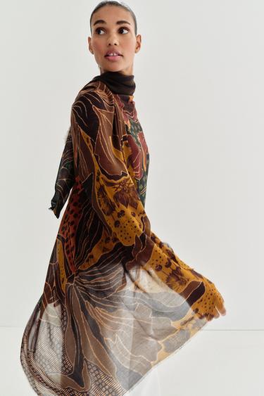 MODAL SILK FLORAL PRINT SCARF - Brown by Zara