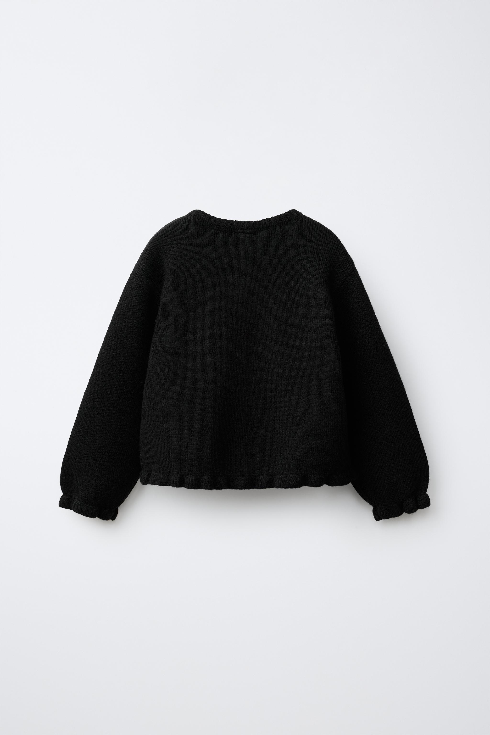 RUFFLED KNIT CARDIGAN — Black