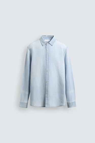 ДЖИНСОВАЯ РУБАШКА ИЗ ЛЬНА И ХЛОПКА — НЕБЕСНО-ГОЛУБОЙ от Zara