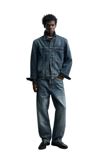 Zara PLEATED DENIM JACKET - Mid-blue