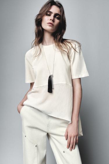 Zara OVERSIZED COMBINED T-SHIRT - Ecru