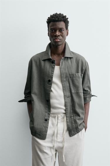 LINEN - COTTON OVERSHIRT WITH POCKET - Grey by Zara