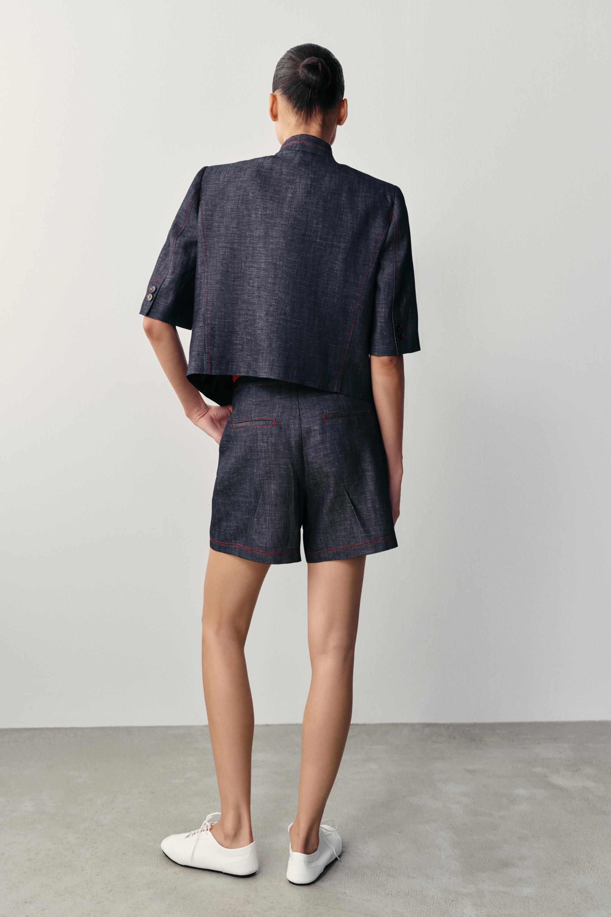 CONTRAST TOPSTITCHING LINEN SHORTS