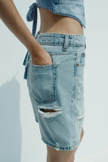 MID-WAIST RIPPED TRF DENIM BERMUDA SHORTS - Blue by Zara - Image 1