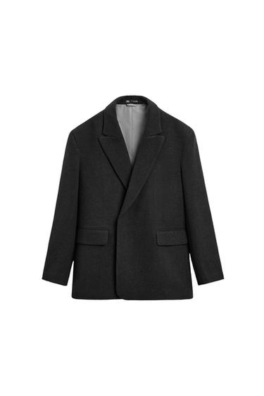 Front view of a black jacket with lapels and side pockets