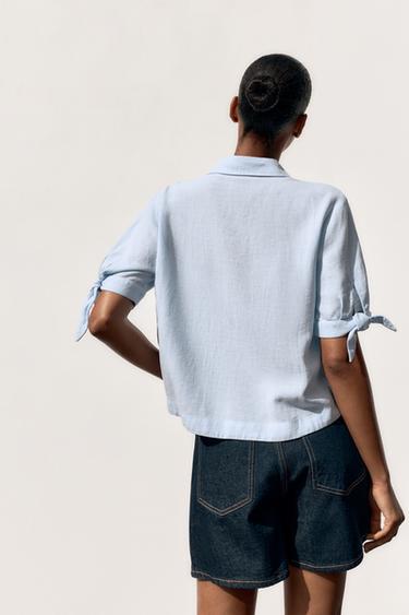 RAMIE SHIRT WITH SHORT SLEEVES AND TIES - Light blue by Zara - Image 3