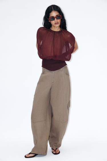 SEMI-SHEER GEORGETTE TOP WITH CONTRASTING FABRIC - Chocolate by Zara - Image 0