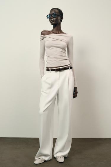 Zara ASYMMETRIC NECK T-SHIRT - Beige marl