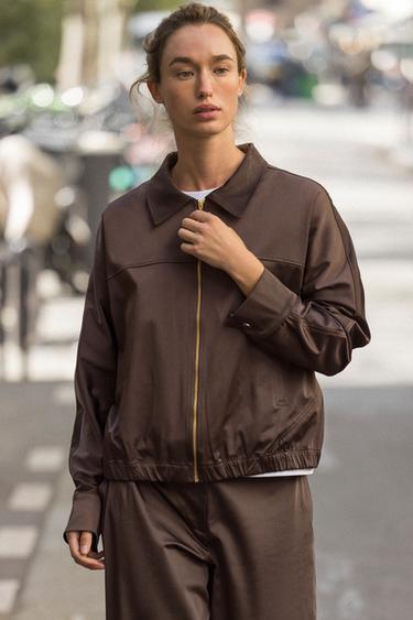 Zara SATIN ZIP-UP JACKET - Brown