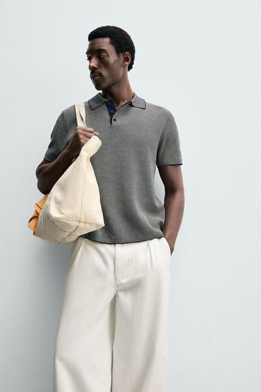 REGULAR FIT KNIT POLO SHIRT WITH CONTRAST - Ecru / Blue by Zara - Image 5