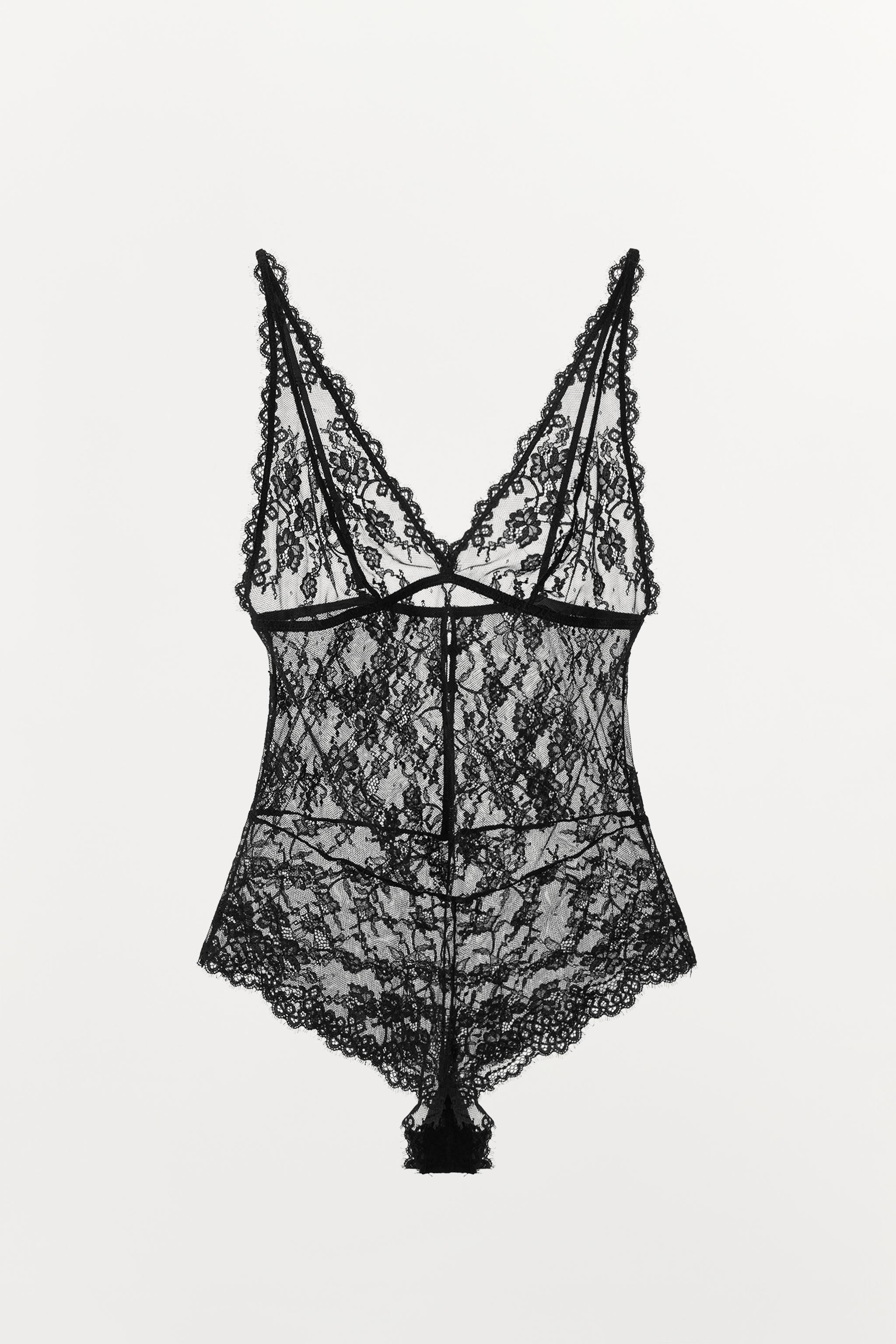 LACE STRAPPY BODYSUIT — Black