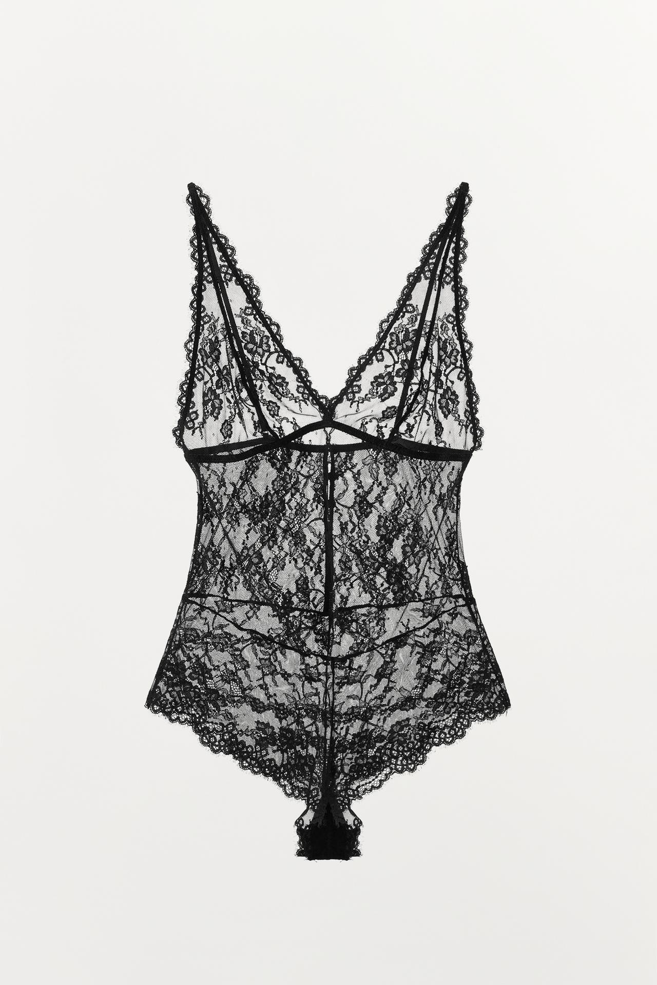 LACE STRAPPY BODYSUIT — Black