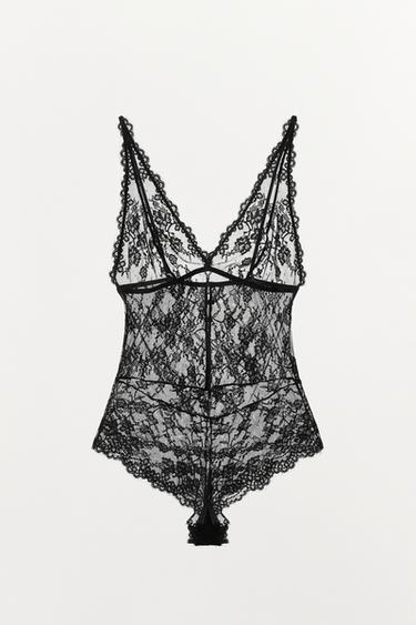 Zara LACE STRAPPY BODYSUIT - Black