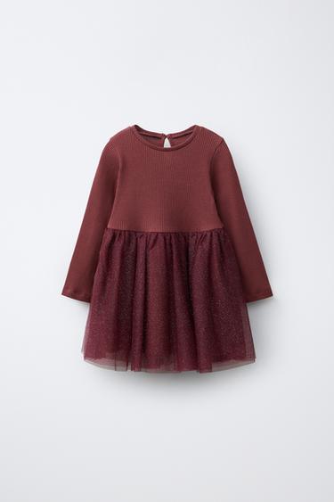 VESTIDO COMBINADO TUL - Granate de Zara