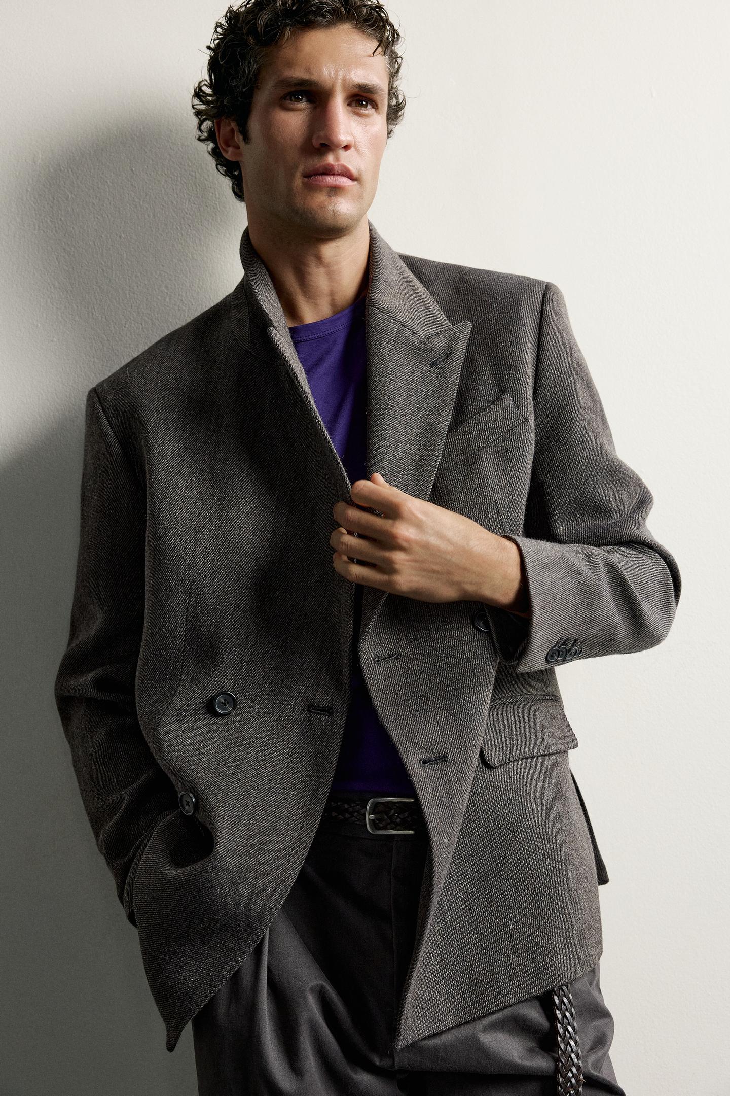 Мужской пиджак Zara Wool-Blend Double-Breasted Blazer, цвет: Коричневый — фото 6