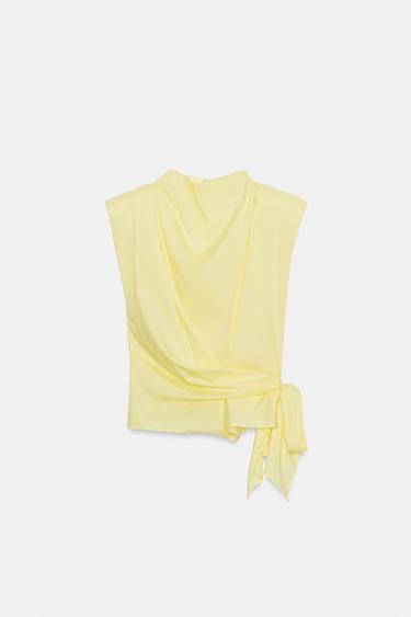 Zara POPLIN SHOULDER PAD TIE-WAIST TOP - Yellow