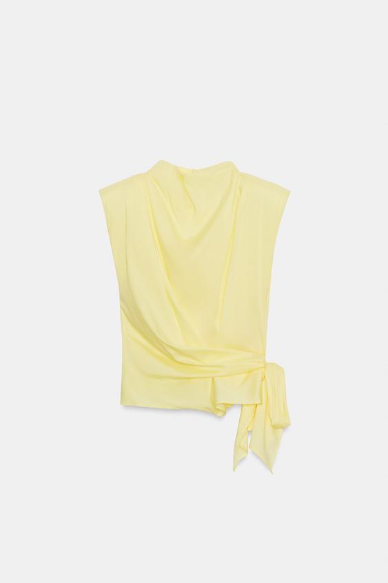 POPLIN TOP WITH SHOULDER PADS AND TIE DETAIL - Yellow by Zara - Image 0