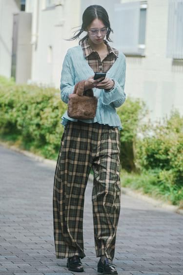 ZW COLLECTION CHECK TROUSERS WITH WOOL - Dark brown by Zara