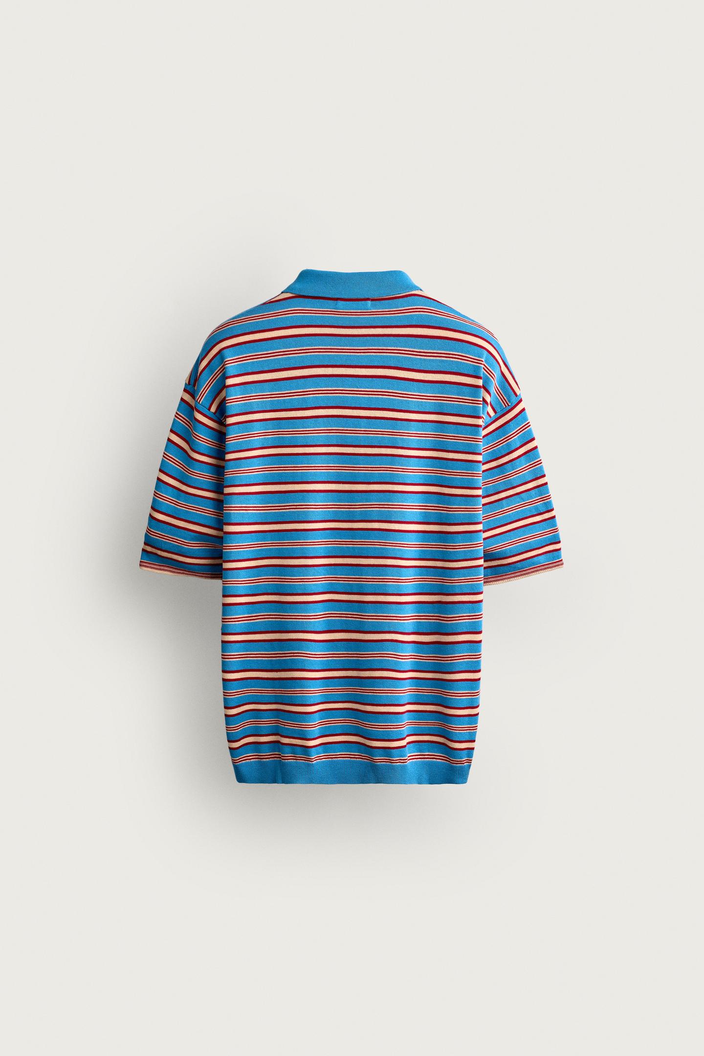 Мужское поло Zara Striped Jacquard Knit Polo, цвет: Светлый синий — фото 6