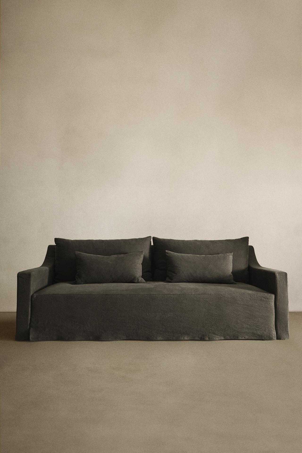 SOFA WITH REMOVABLE WASHED LINEN COVER — Dark grey