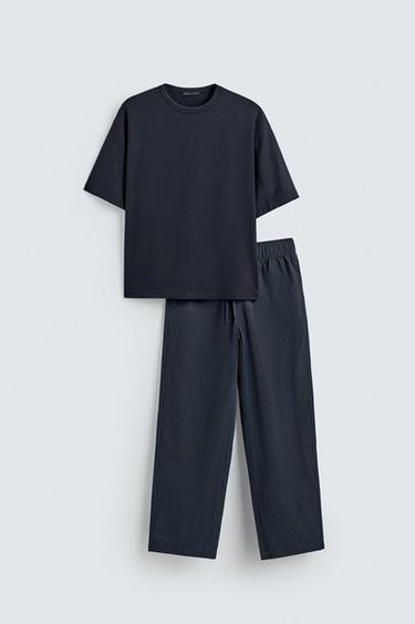 ENSEMBLE DE PYJAMA FLUIDE CONTRASTÉ - Bleu marine de Zara