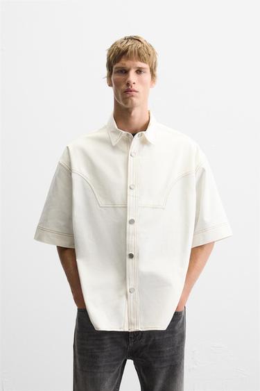 CAMISA ALGODÓN - LYOCELL PESPUNTES - Blanco de Zara