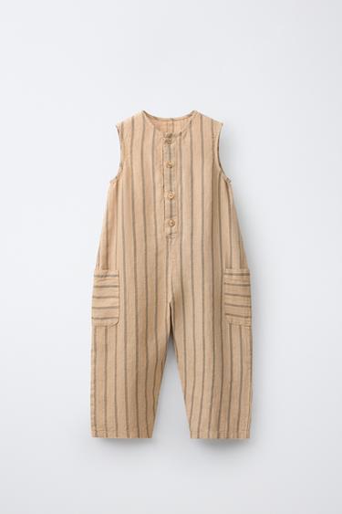 Zara 100% 亞麻條紋連身褲 - 裸色