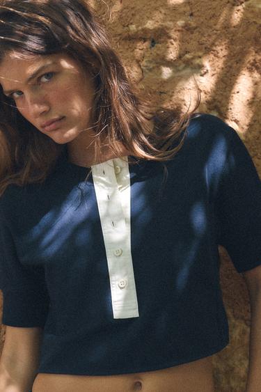 ÁO NỈ CROP CỔ THUYỀN - Xanh dương/Trắng từ Zara