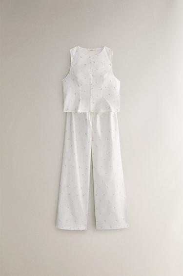 PANTALON BRODERIES LYS - Blanc de Zara - Image 4