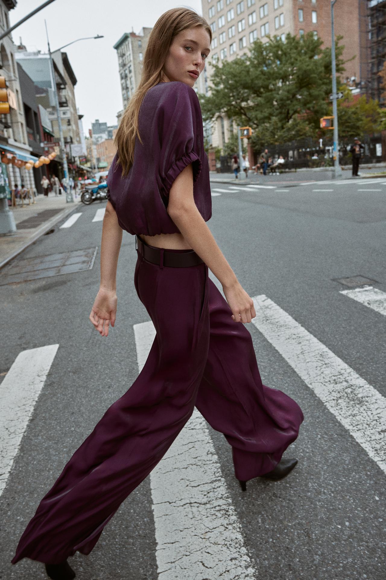 SATIN WIDE LEG BELTED PANTS