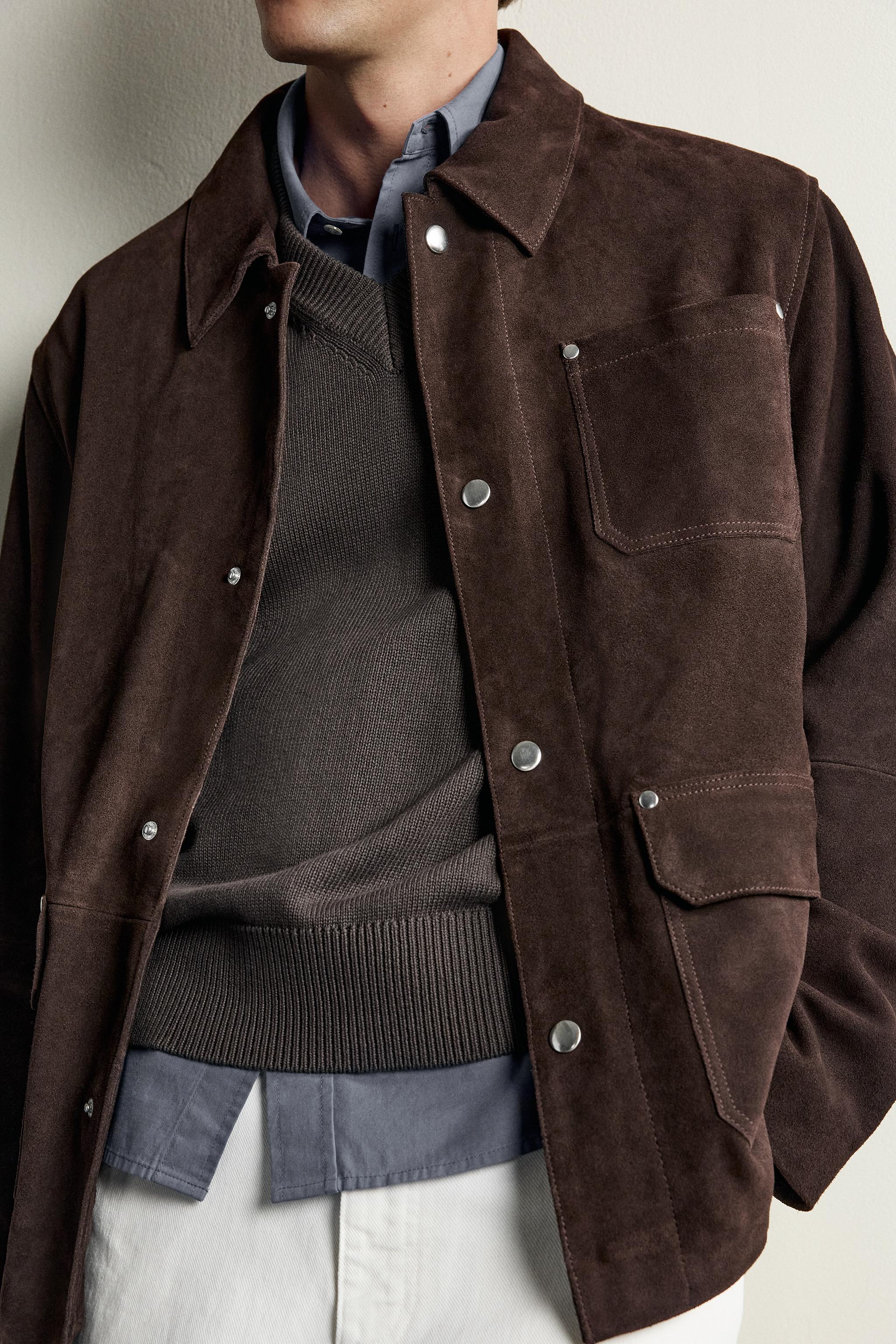 BLOUSON EN CUIR ET DAIM À POCHES