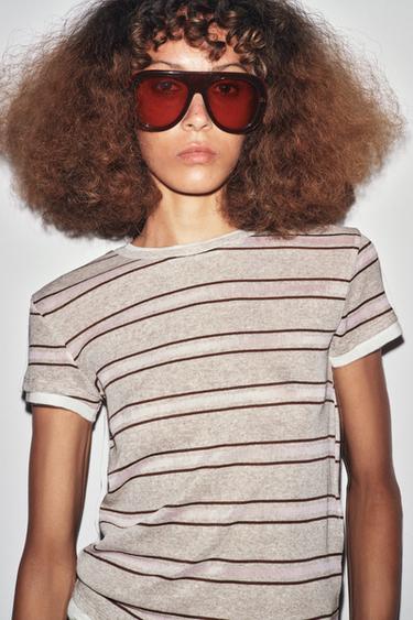 Zara DOUBLE STRIPE T-SHIRT - Ecru / Brown