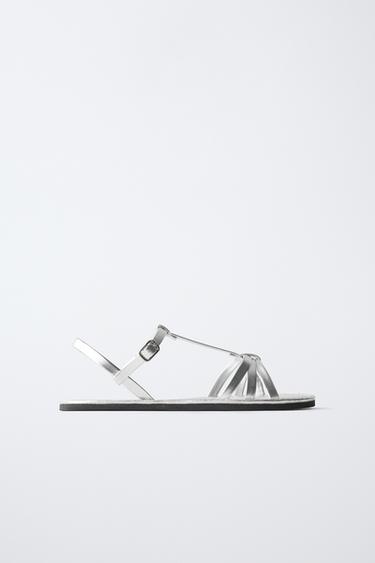 Zara METALLIC STRAPPY SANDALS - Silver