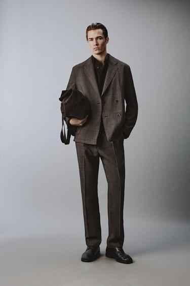 DOUBLE-BREASTED 100% WOOL TEXTURED SUIT BLAZER - Brown by Zara