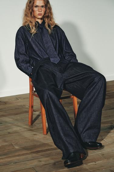 PLEATED DENIM-EFFECT TROUSERS - Dark indigo by Zara