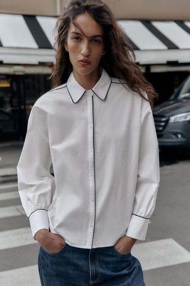 CHEMISE EN POPELINE AVEC LISERÉS CONTRASTANTS - Blanc / Noir de Zara - Image 2