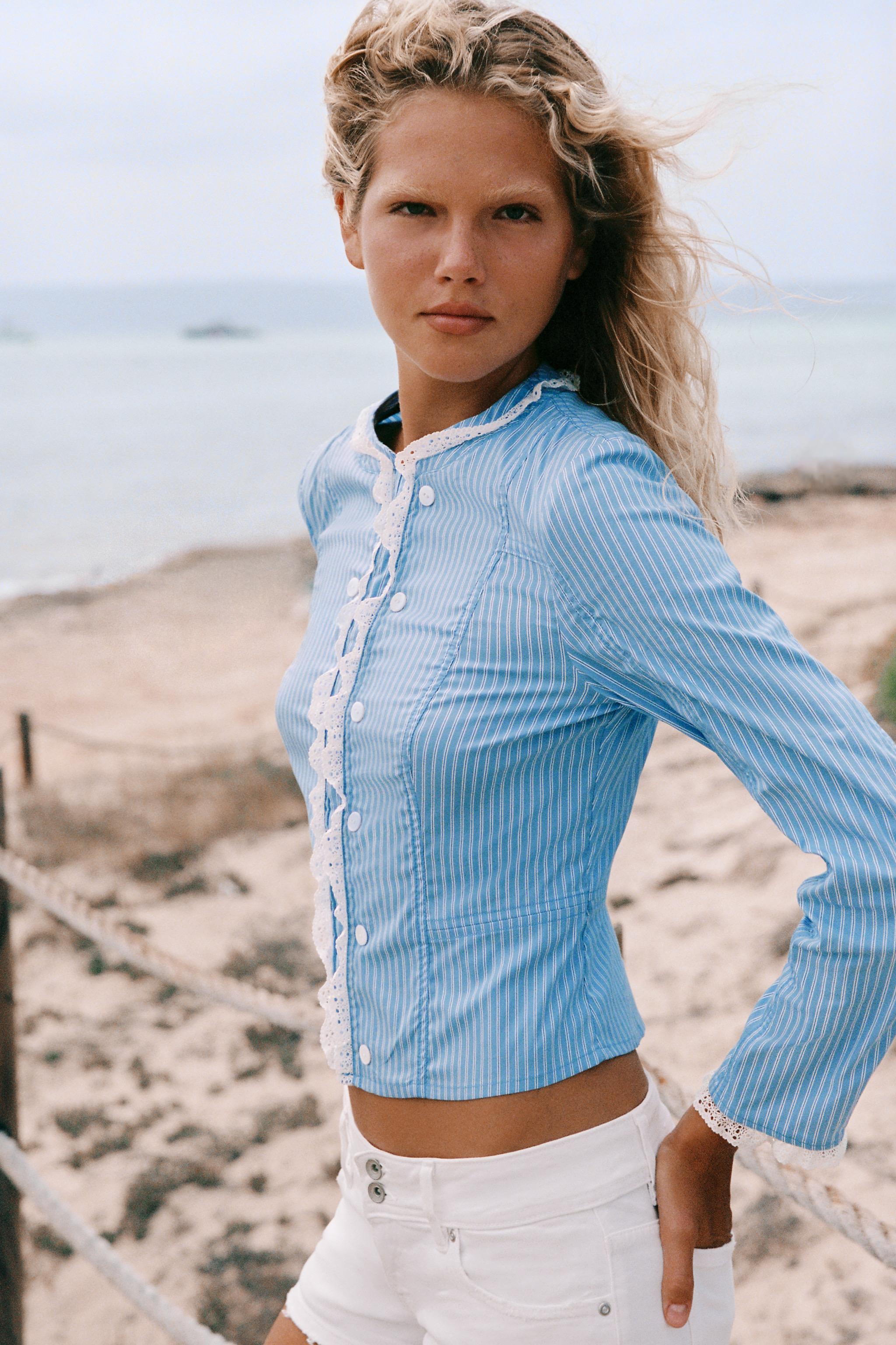 STRIPED LACE POPLIN JACKET — Ink blue