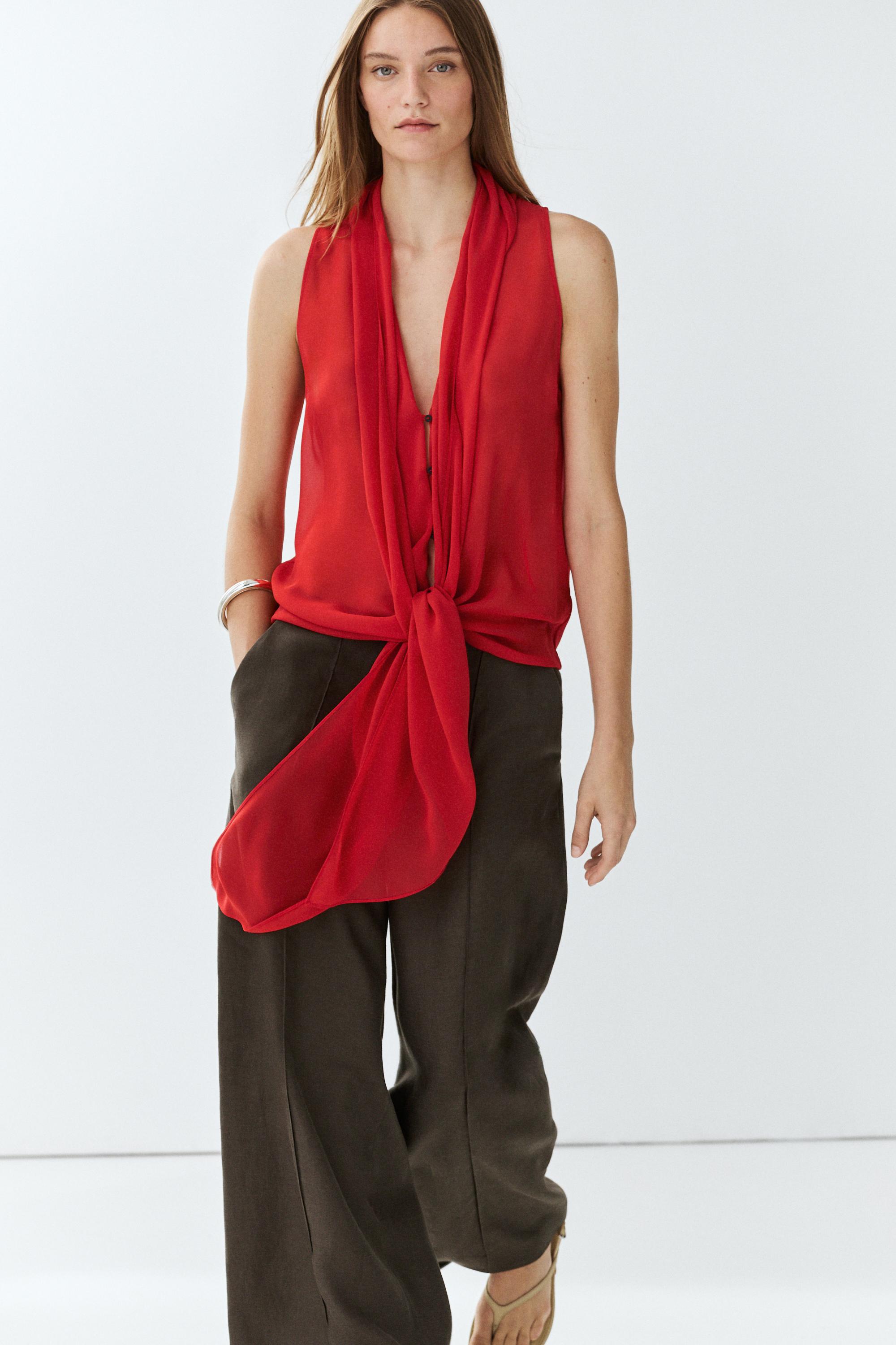 100% silk semi-sheer top with tie — Red
