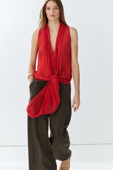 100% silk semi-sheer top with tie — Red 2