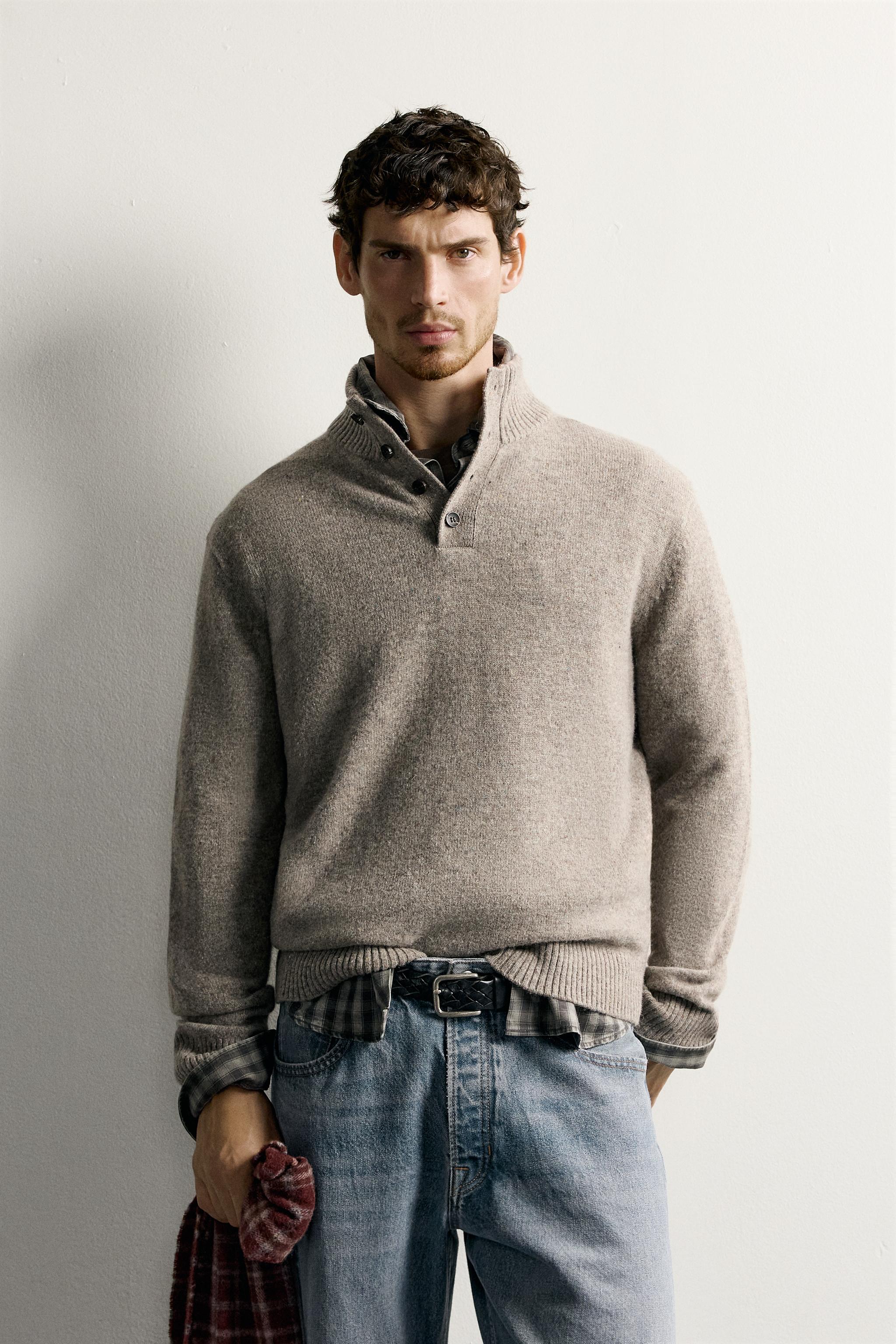 100% WOOL MOCK NECK BUTTON SWEATER
