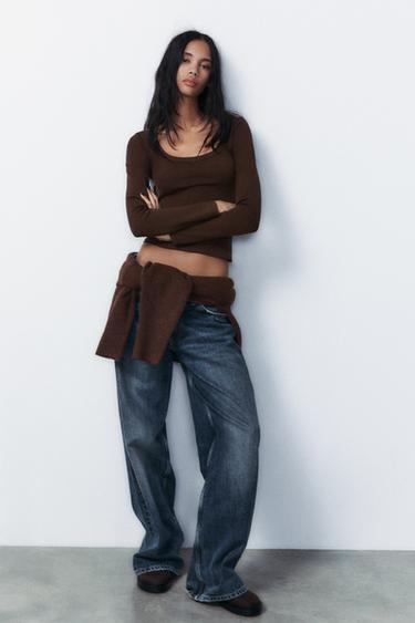 Zara LONG SLEEVE RIBBED T-SHIRT - Dark brown